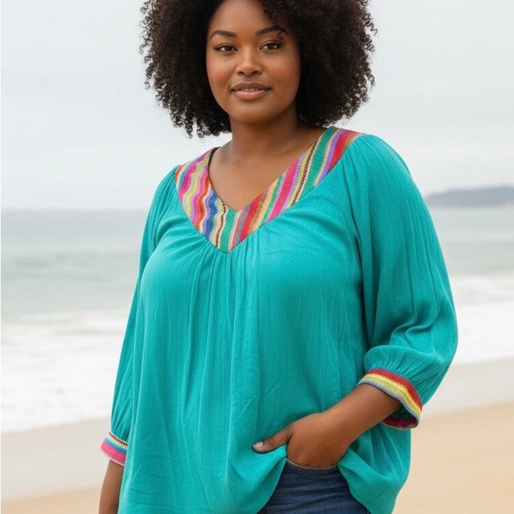 NWT Plus Size Teal Green or Coral Peach V-Neck Tunic Multicolor Trim 3/4 sleeves